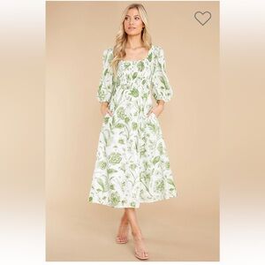Green Botanical Print Puff Sleeve Midi Dress